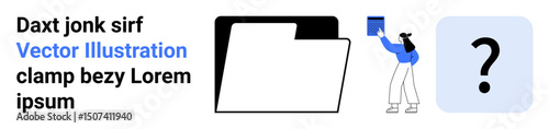 Woman placing a document into an open folder, with a question mark icon symbolizing inquiry, mystery, or search. Ideal for organization, archiving, information, problem-solving, research digital