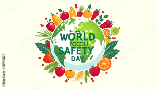 Vibrant illustrations of "World Food Safety Day" featuring Earth surrounded by diverse fruits and vegetables. Ideal for campaigns promoting food safety, health, and global well-being.