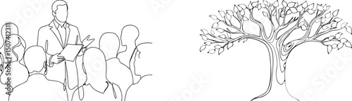 A continuous line drawing of a speaker presenting to an audience near a tree