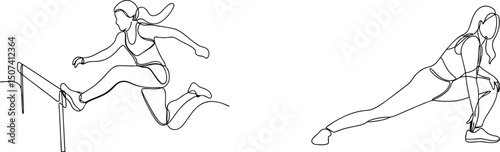 Athletic woman in continuous line art demonstrating hurdling and stretching poses