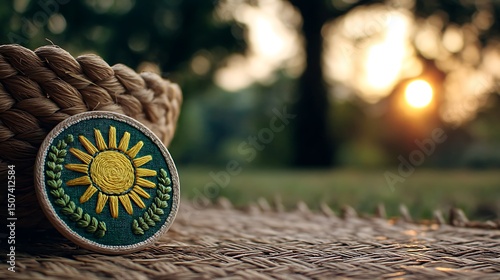 Close-up of Decorative Rope with Embroidered Sun Emblem on Natural Outdoor Background at Sunset.