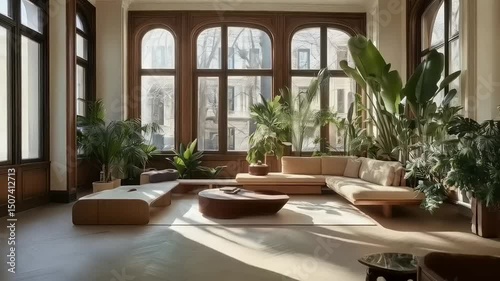 Indoor Oasis: A Luxurious Living Room Bathed in Sunlight and Lush Greenery