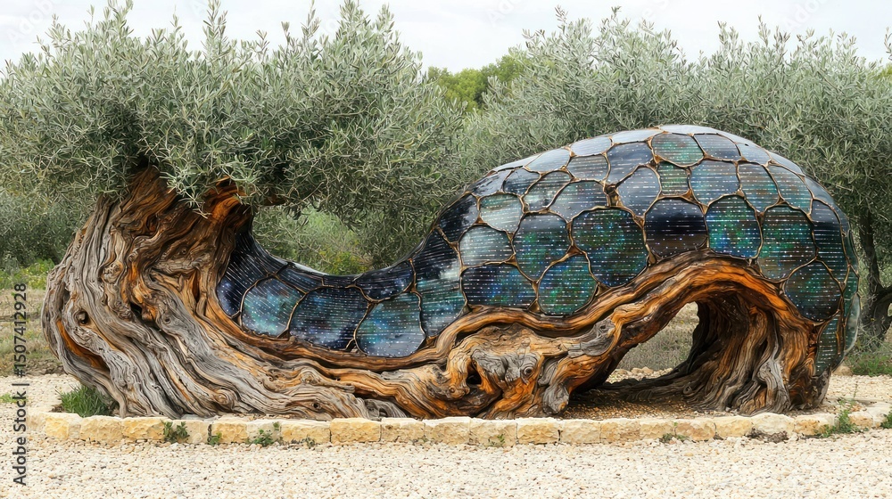 Fototapeta premium Ancient Olive Tree Sculpture with Solar Panel Mosaic