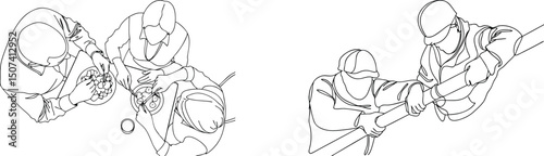 Line drawing of construction workers and food prep from above minimalist perspective