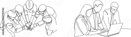 Teamwork and collaboration depicted in minimalist continuous line drawings demonstrating unity and partnership