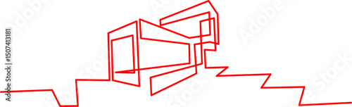Modern architecture house illustration in minimal one-line style using red. A clean, abstract outline of a geometric building, ideal for design, real estate branding, or architectural concepts.