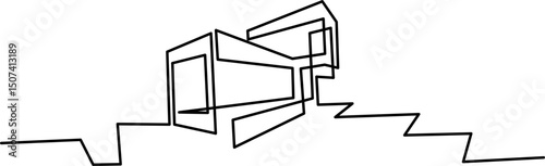 Modern architecture house illustration in minimal one-line style using black. A clean, abstract outline of a geometric building, ideal for design, real estate branding, or architectural concepts.
