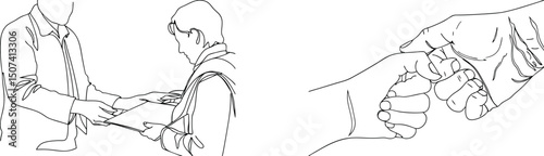 Business deal and agreement handshake illustrated in black and white line art