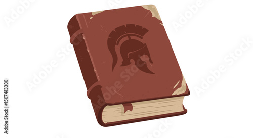 Stylized illustration of an ancient book with a gladiator helmet emblem on the cover, representing history and knowledge

