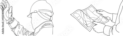 Line art illustration of a construction worker signaling and examining a map.