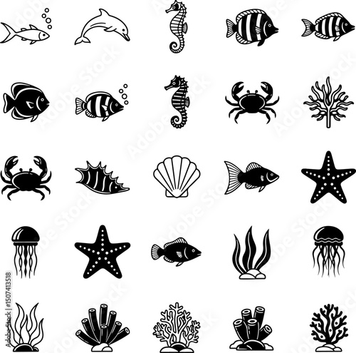 Black and white collection of various sea creatures and marine life.