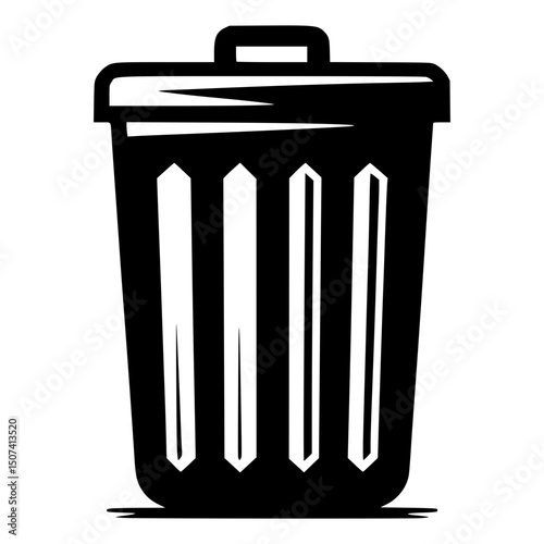 A minimalist black and white illustration of a trash can