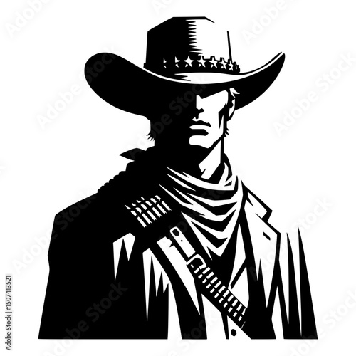 A detailed illustration of a cowboy. The cowboy is wearing a hat, a scarf and a jacket. The image is rendered in black and white