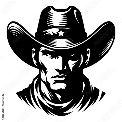 A stern portrait of a cowboy with a hat and determined gaze. The image captures a strong, stoic expression of a man ready for action