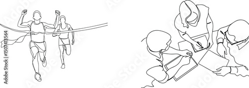 Success and teamwork concept illustrated with line art of running and collaboration