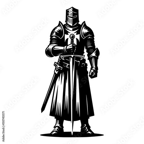 A medieval knight standing tall and proud, holding a sword, dressed in full armor