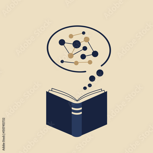 Stylized illustration of an open book with a thought bubble containing a molecular structure, representing knowledge and science