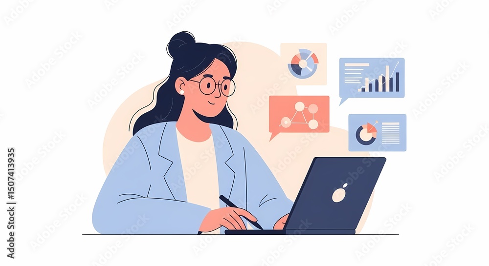 Fototapeta premium Woman Analyzing Data on Laptop with Charts for Business Insights