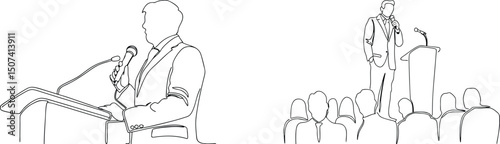 Line art illustration of a public speaker at a podium addressing an audience