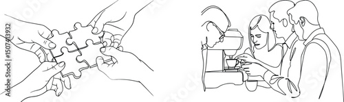 Collaborative teamwork and coffee break line art illustrations symbolizing connection and collaboration