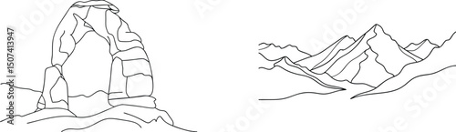 Minimalist black line art illustration featuring delicate arch and mountainous landscape