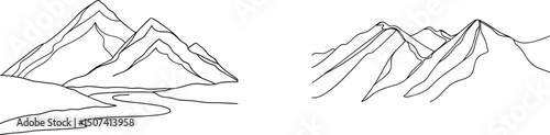 Line art illustration of mountain range and river landscape for design and decoration purposes