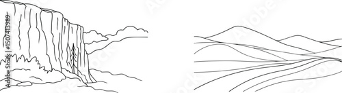 Outline drawing of landscape depicting mountain cliffside and rolling hills in black and white