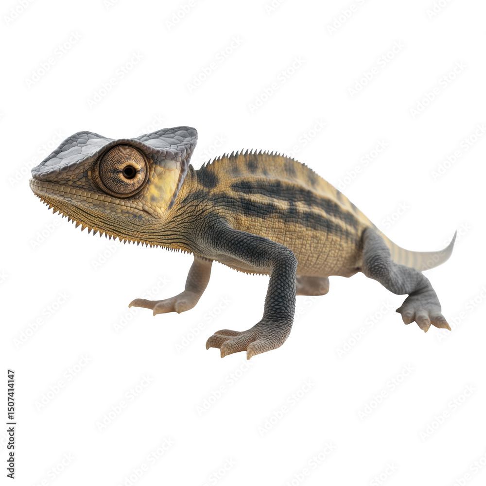 Fototapeta premium Chameleon with sandy and striped colors, showcasing its adaptive features and textured skin, standing on neutral background. image highlights its unique appearance and natural beauty