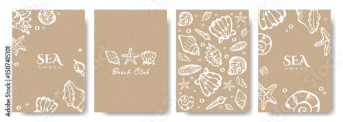 Modern Trendy Banner or Poster with Doodle Hand Drawn Sea Shell on Kraft Paper Background. Cute Elegant Seashell Wedding Birthday Invitation Greeting Card Template. Vector Design Concept Vintage Style