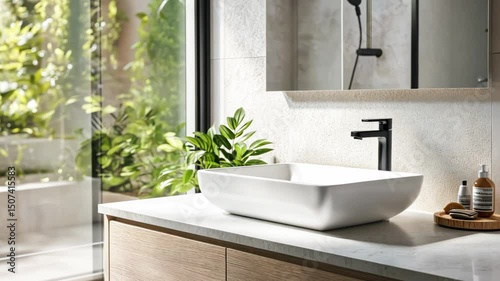 White rectangular sink in modern bathroom with transparent shower cabin and window