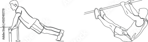 Minimalist line drawing of two exercise poses calisthenics fitness bodyweight training workout