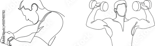Continuous line art depicting fitness exercises with dumbbells and smartwatch technology