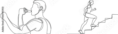 Continuous line drawing of man with inhaler and woman running up stairs workout