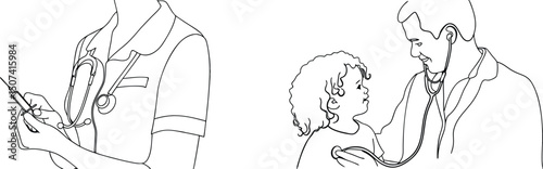 Medical professionals examining and treating a child with a stethoscope and preparing an injection.