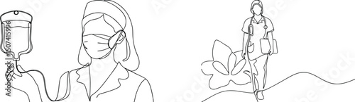 Continuous line drawing of healthcare professionals nurse holding iv bag and walking with clipboard