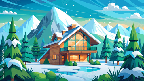A cozy lodge nestled in a snowy mountain landscape features green living walls, blending eco-conscious design with natural beauty. Surrounded by snow and pine trees, it radiates warmth and sustainabil