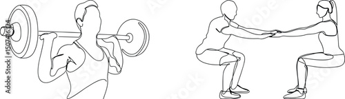 Minimalist line art illustration of weightlifting and squat exercises depicting fitness activities