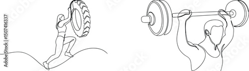 Minimalist line drawings depicting fitness exercises with tire and weightlifting barbell