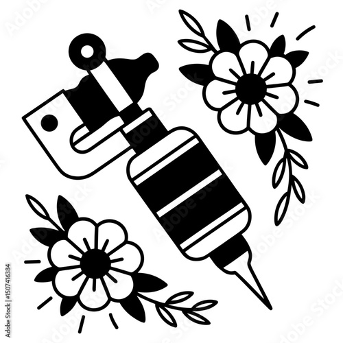 Black and white tattoo machine illustration surrounded by floral designs, perfect for tattoo art theme