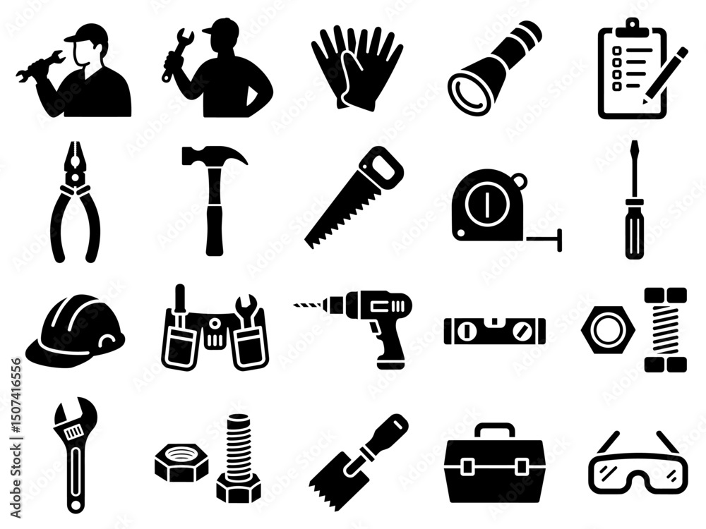 Obraz premium Black silhouette icons including hammer, screwdriver, drill, wrench, helmet, gloves, and toolbox for construction, DIY, repair, maintenance, and industrial safety themes