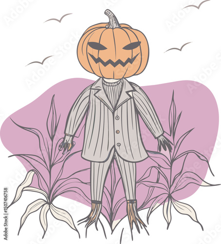 Creepy Scarecrow with Pumpkin Head in a Cornfield