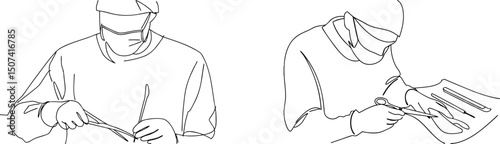 Medical professionals performing surgery represented in minimalist one line drawing illustration