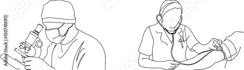Medical professionals performing laboratory analysis and blood pressure measurements in line art