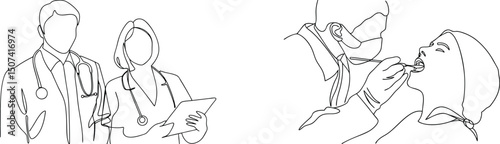 Line art depicting doctors and dentist providing medical care and treatment for patients