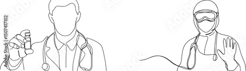 Single line art depicting a doctor holding a vaccine vial and a healthcare worker in ppe