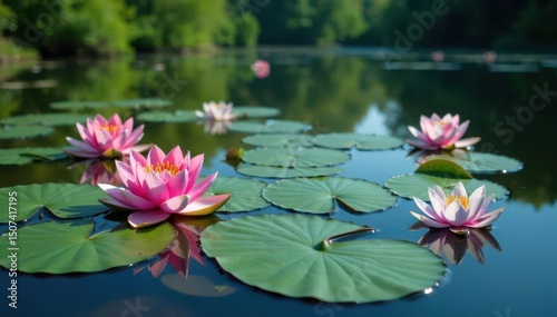 Water lilies forming a floral pattern across a still lake, natural, waterlily