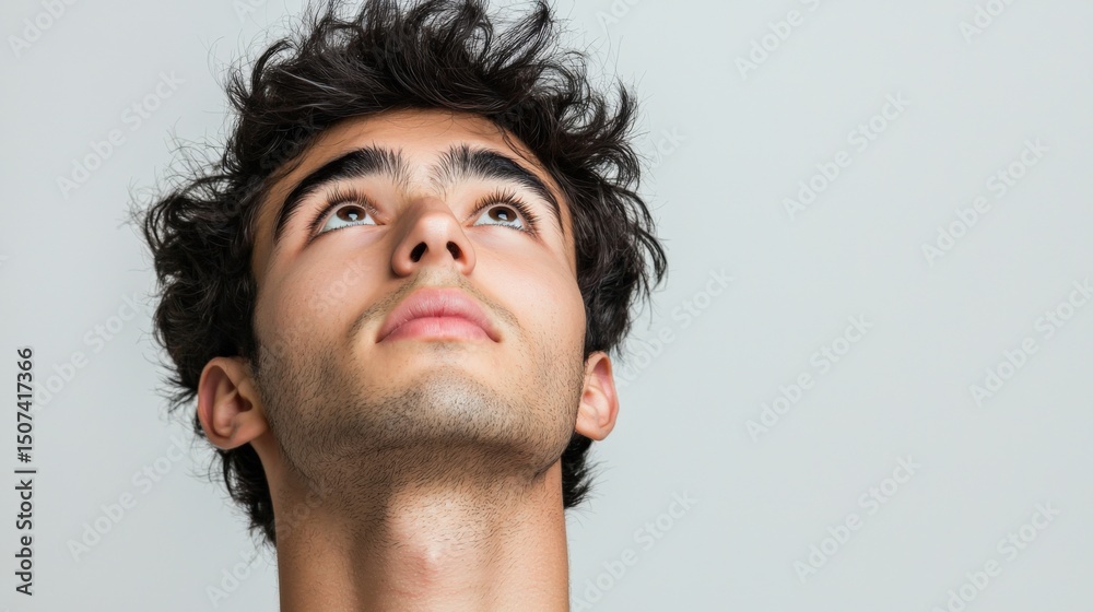 Fototapeta premium Thoughtful Young Man Looking Upward Against a Light Background, Pensive Expression