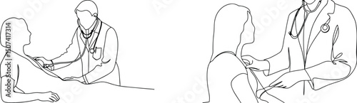 Doctor examining patient using stethoscope line art illustration medical health consultation