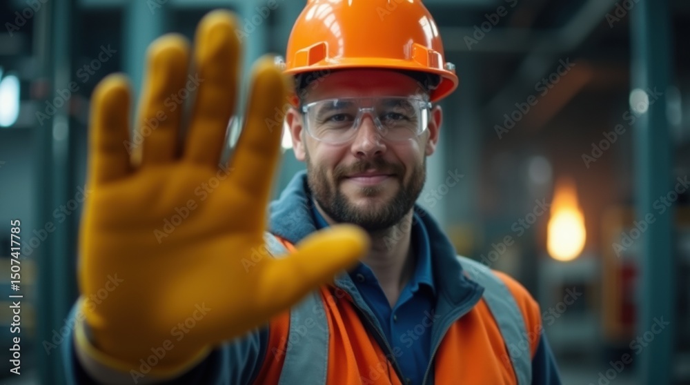 close-up of a worker in safety gear extending a gloved hand in a stop gesture. close-up of a worker in safety gear extending a gloved hand in a stop gesture.