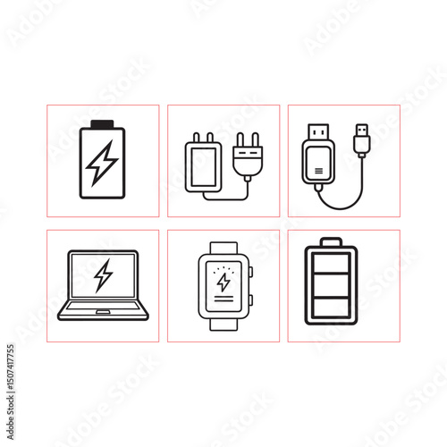 Line Art Charging Icons Set – Battery, Cable, Plug, EV, Eco Power – Vector Outline Collection

